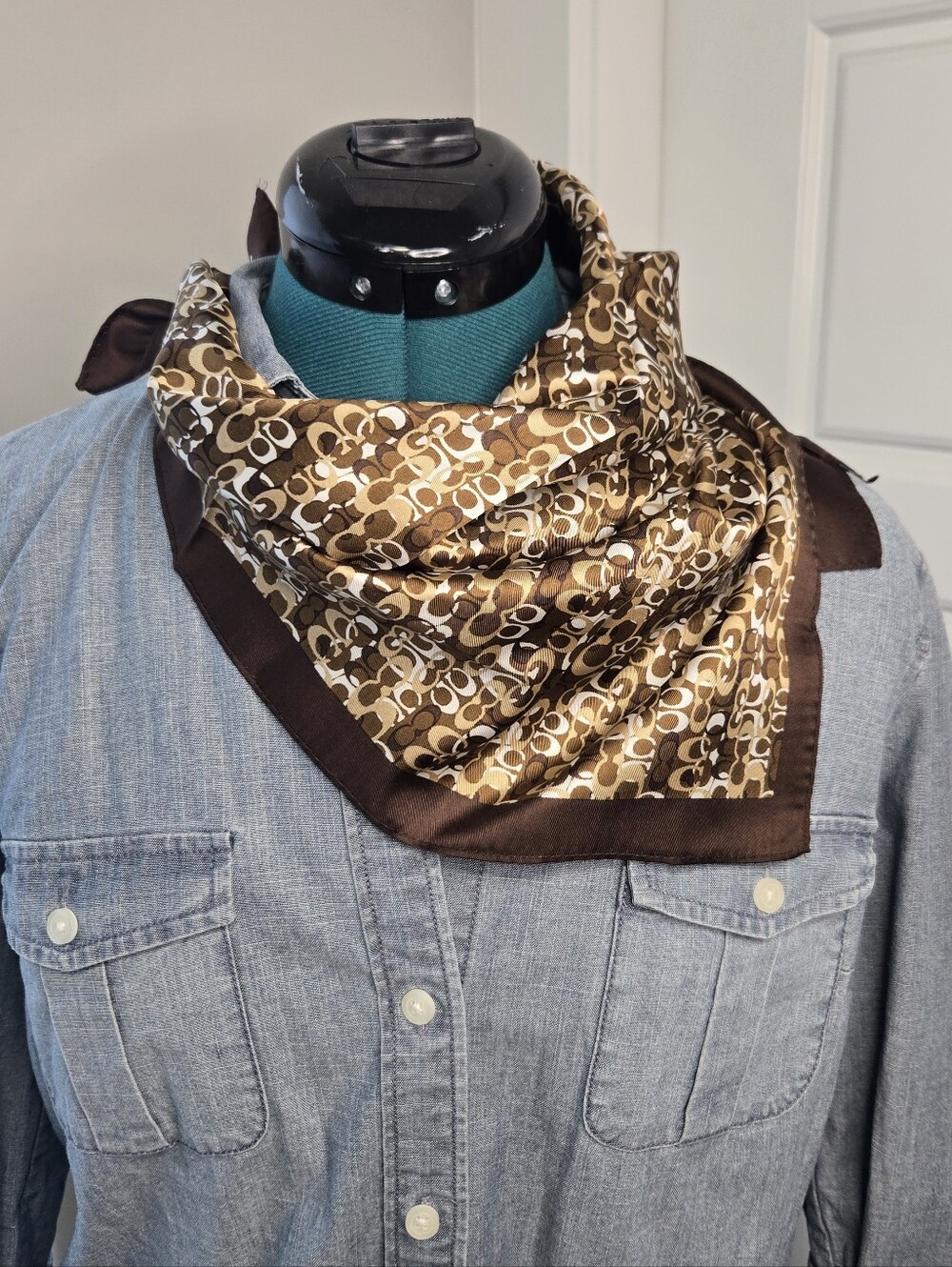 NWT COACH 100% SILK SQUARE SCARF PURSE TIE BROWN TAN C MONOGRAM LOGO WOMEN
